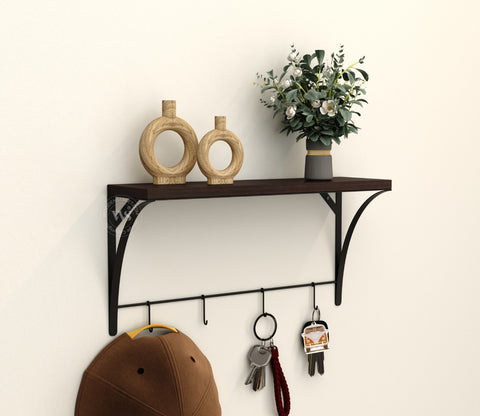 Hedwig Wooden Wall Mounted Shelf With 4 Hanging Metal Hooks, Multipurpose Wall Shelf For Living Room/Bedroom (Flowery Wenge)