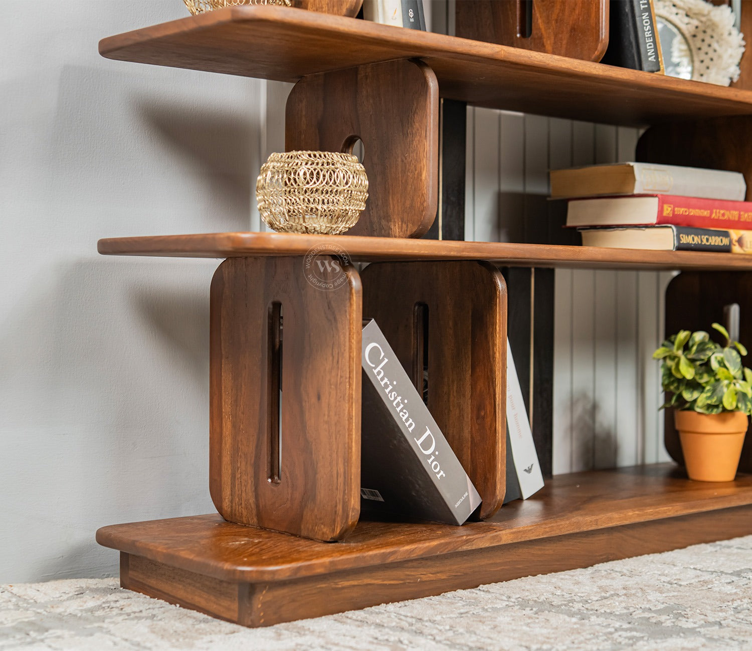Crossroads Sheesham Wood Bookshelf with Multi-Level Open Storage (Teak Finish)