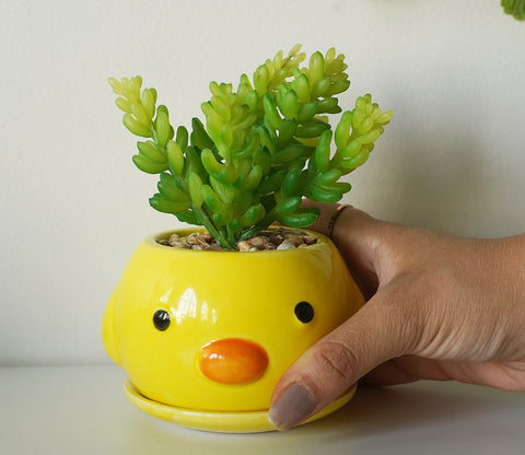 Whimsy Ceramic Enamel Pot With Artificial Flowers (Yellow)