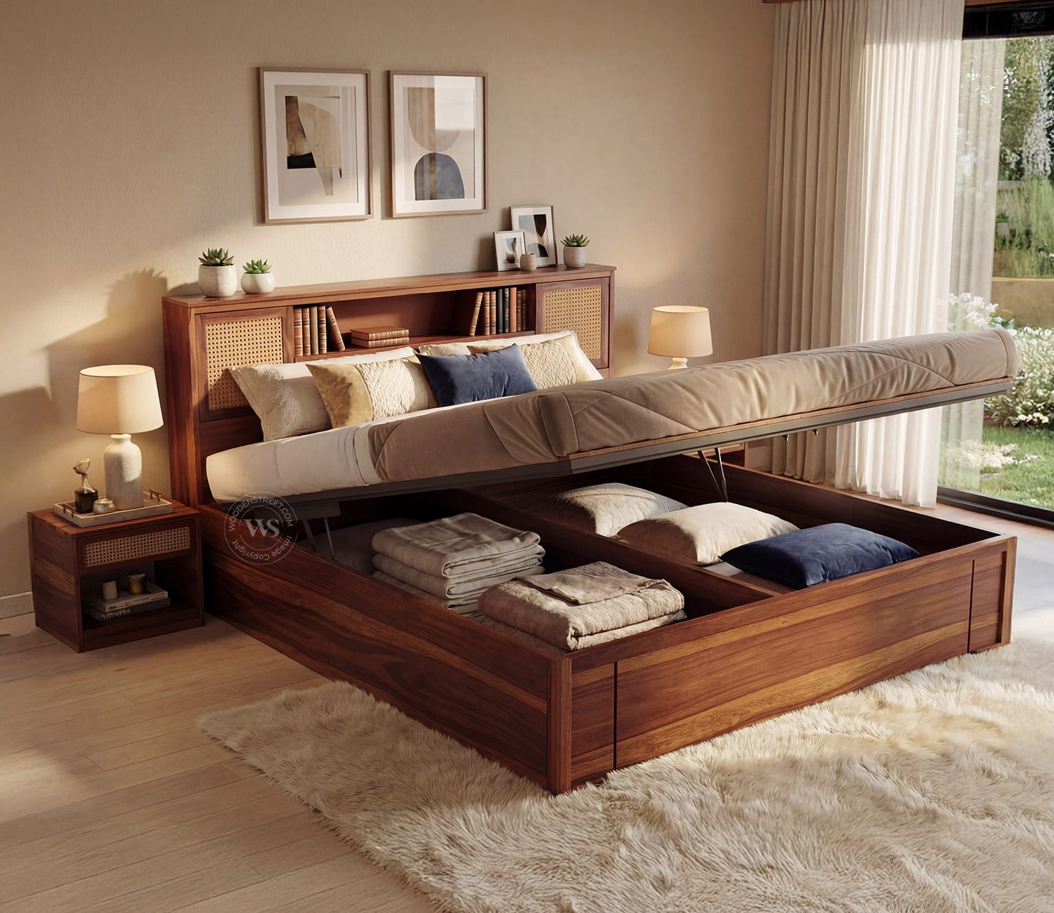 Ferguson Sheesham Wood Bed with Hydraulic Storage and Cane Detailing (Queen Size, Teak Finish)