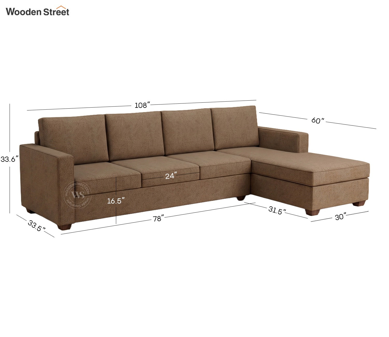 Albus L-Shape 5 Seater Right Aligned Sofa (Cotton, Sand Brown)