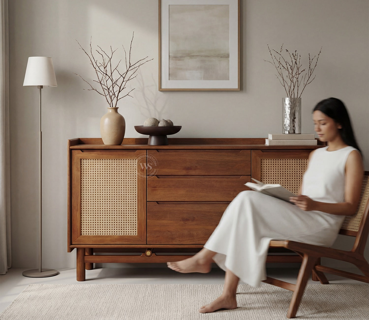Ishana Mango Wood Designer Cabinet with Cane Detailing (Teak Finish)