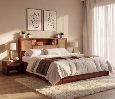 Ferguson Sheesham Wood Bed with Hydraulic Storage and Cane Detailing (King Size, Teak Finish)