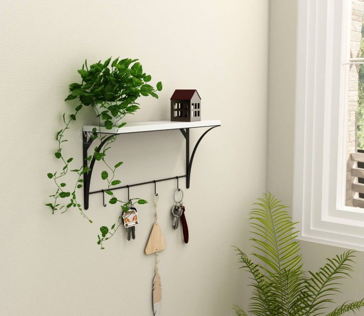 Hedwig Wooden Wall Mounted Shelf With 4 Hanging Metal Hooks, Multipurpose Wall Shelf For Living Room/Bedroom (Frosty White)