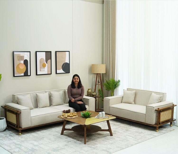 Saket 3+2 Seater Ash Wood Cane Sofa (Sand Beige)