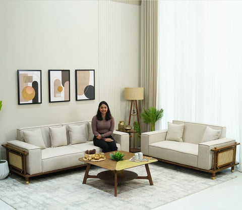 Saket 3+2 Seater Ash Wood Cane Sofa (Sand Beige)