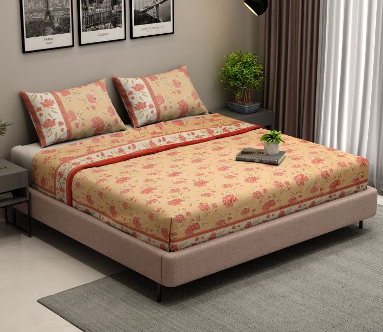 120 TC Imperial Blossoms Cotton Bedsheet King Size With 2 Pillow Cover (Peach)