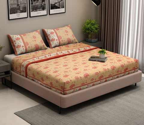 120 TC Imperial Blossoms Cotton Bedsheet King Size With 2 Pillow Cover (Peach)
