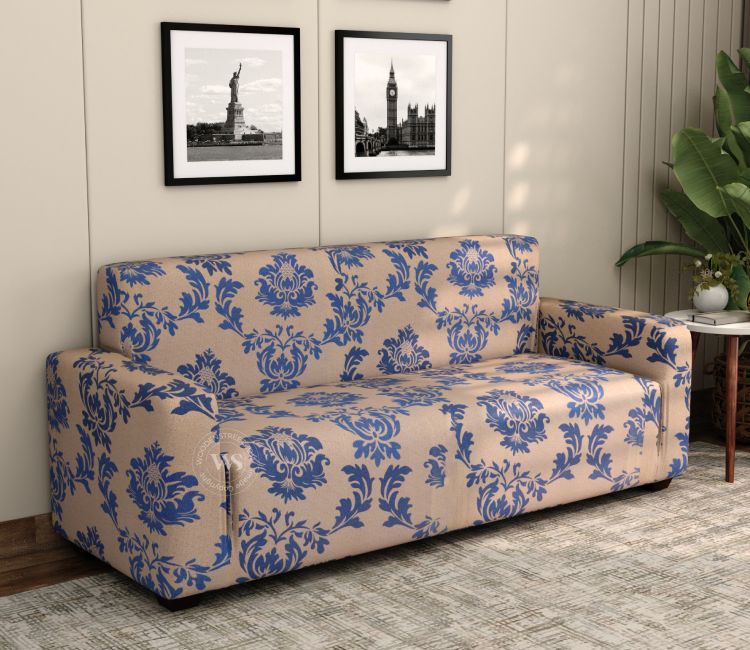 Grace Floral Printed Polyester Spandex 3 Seater Sofa Cover (Blue)