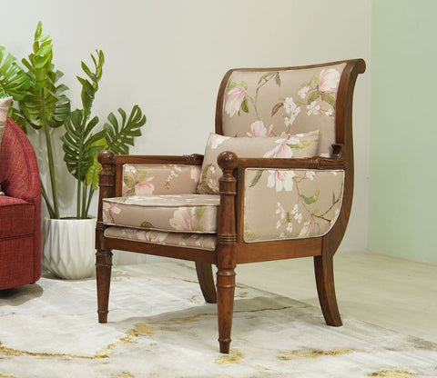 Fedrika Floral Printed Sheesham Wood Arm Chair (Cotton, Magnolia Beige)