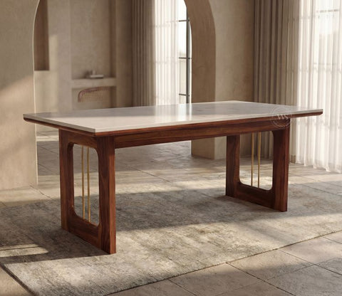 Mishaan Designer 6 Seater Sheesham Wood Dining Table with Quartz Top with Brass Accent (Teak Finish)