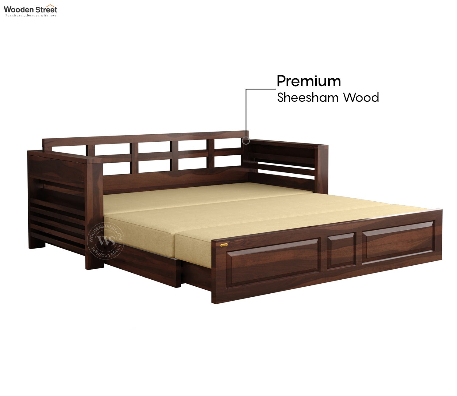 Feltro Sheesham Wood Sofa Bed With Storage (King Size, Walnut Irish Cream)