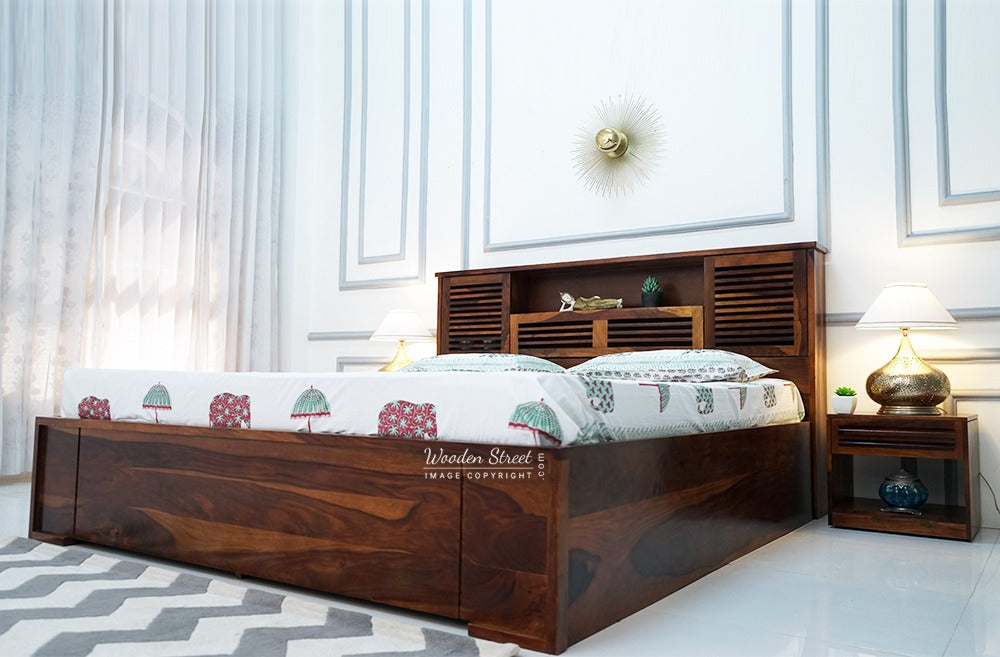 Ferguson Sheesham Wood Hydraulic Bed With Storage (King Size, Honey Finish)