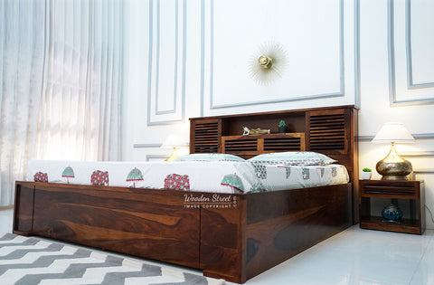 Ferguson Sheesham Wood Hydraulic Bed With Storage (Queen Size, Honey Finish)
