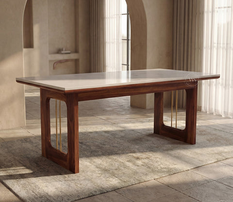 Mishaan Designer 6 Seater Sheesham Wood Dining Table with Quartz Top with Brass Accent (Teak Finish)