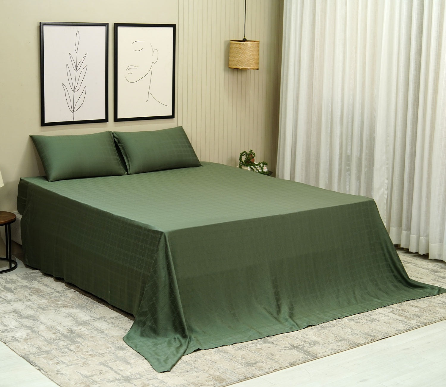 300 TC Flat Double Bed Sheet-Organic Dobby Bamboo Queen Size Bed Sheet with 2 Pillowcases (Avocado Green)