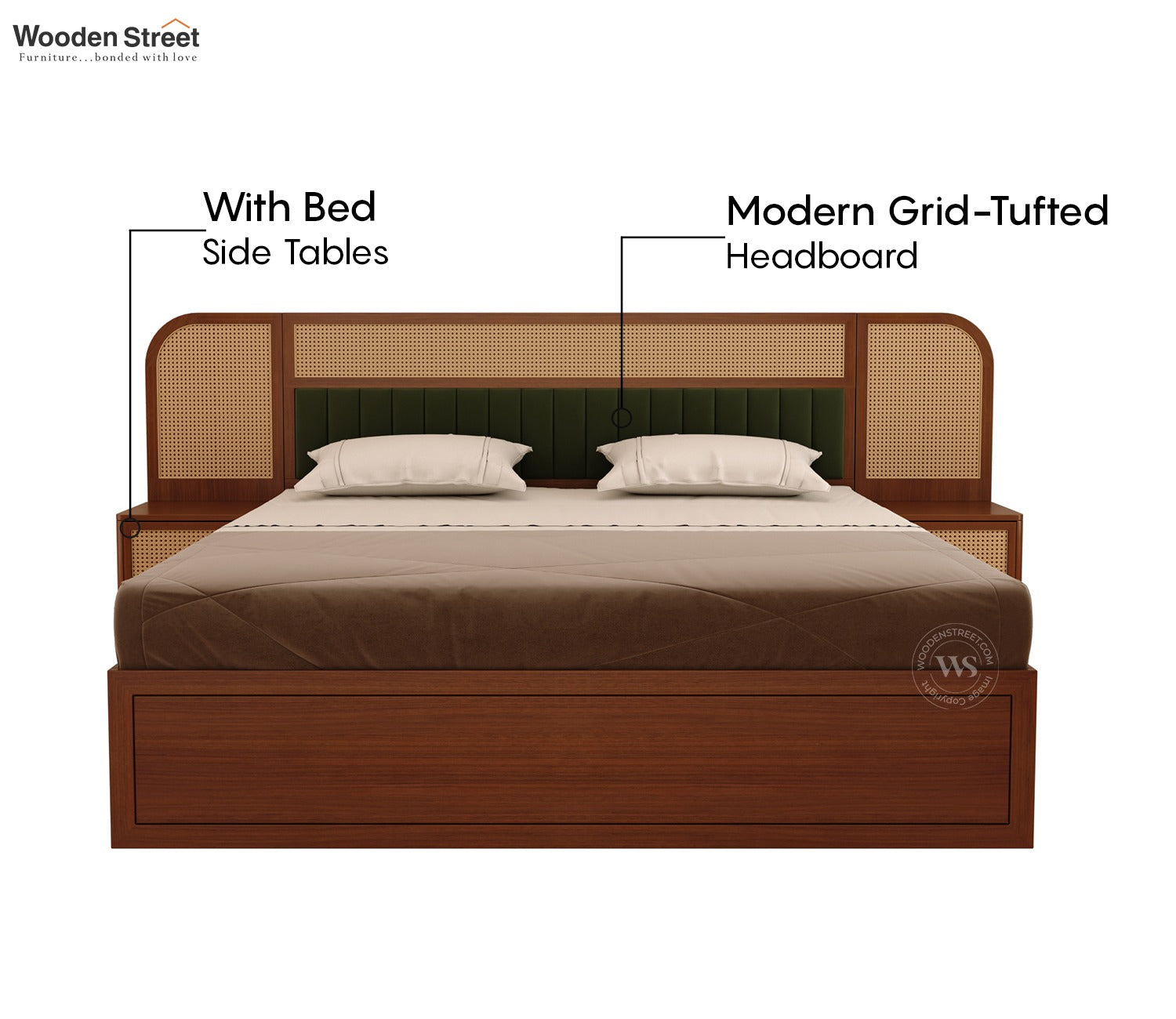 Serah Premium Ash Wood Bed with Cane & Velvet Headboard, Drawer Storage & 2 Modular Bedside Tables (King Size, Teak Finish)