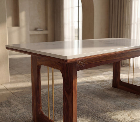 Mishaan Designer 6 Seater Sheesham Wood Dining Table with Quartz Top with Brass Accent (Teak Finish)