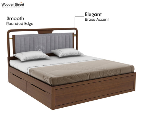 Anvay Ash Wood Bed With Upholstered Headboard and Drawer Storage (King Size, Sand Grey, Teak Finish)
