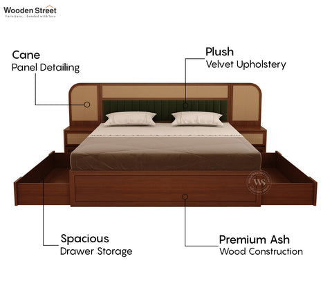 Serah Premium Ash Wood Bed with Cane & Velvet Headboard, Drawer Storage & 2 Modular Bedside Tables (King Size, Teak Finish)