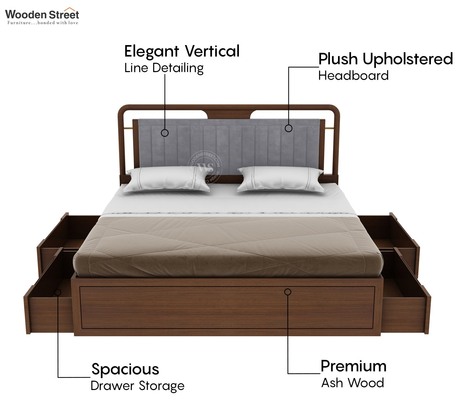 Anvay Ash Wood Bed With Upholstered Headboard and Drawer Storage (King Size, Sand Grey, Teak Finish)