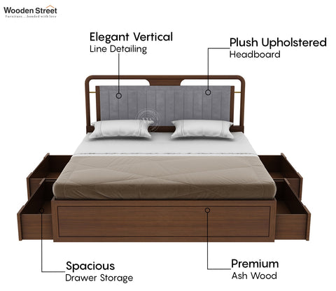 Anvay Ash Wood Bed With Upholstered Headboard and Drawer Storage (King Size, Sand Grey, Teak Finish)