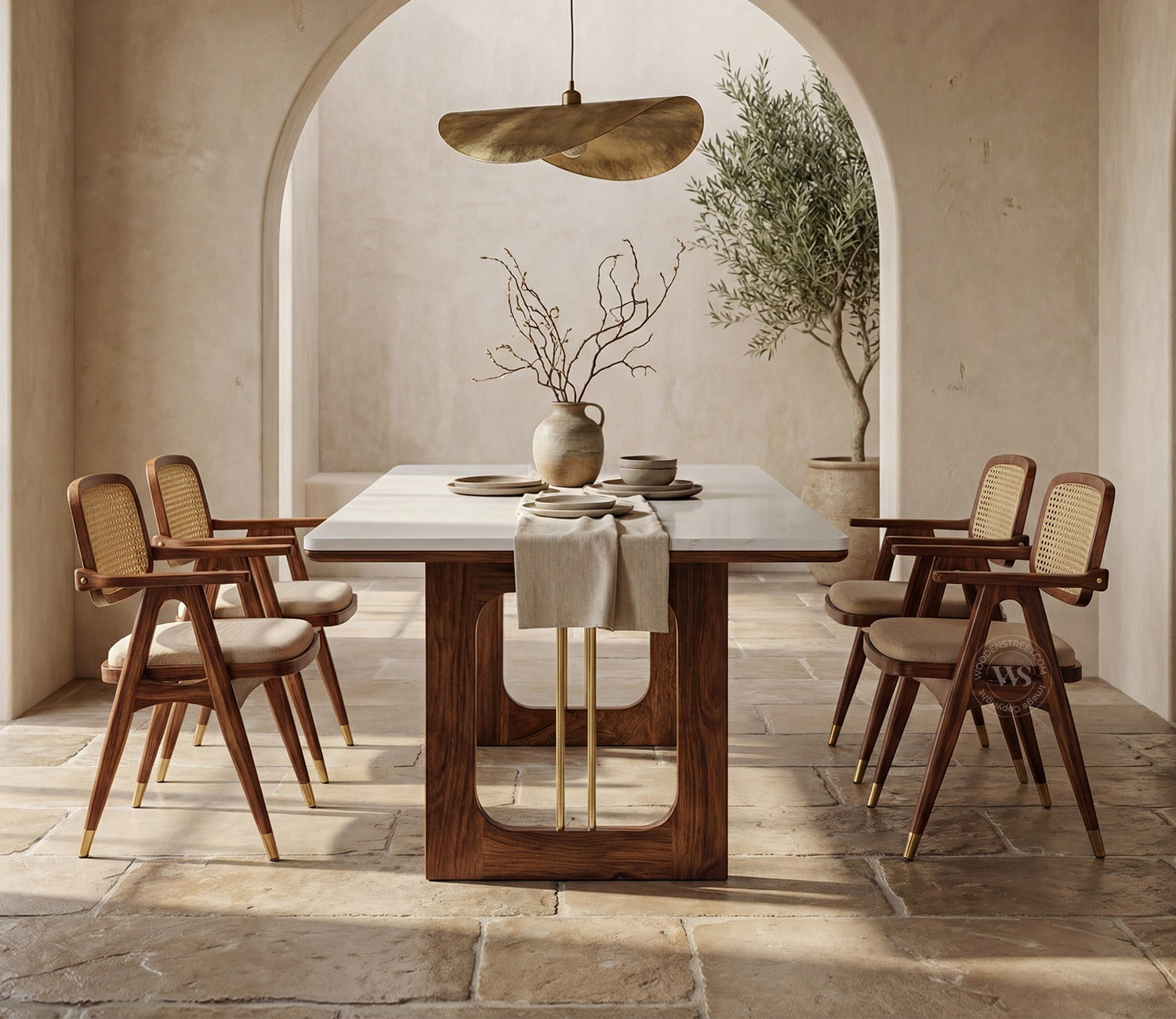 Shriyam Modern 6 Seater Sheesham Wood Dining Set with Mishaan Quartz Top Table and Adira Chair with Cane and Brass Accents (Teak Finish)
