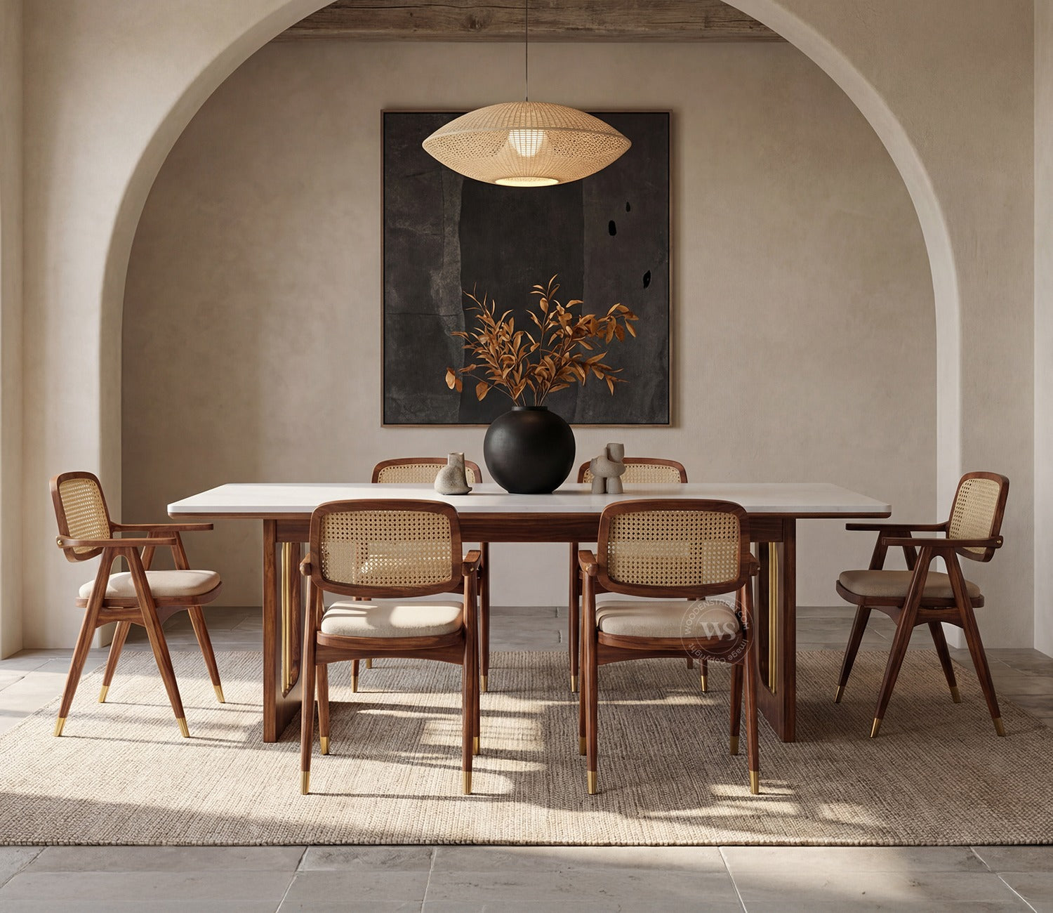 Shriyam Modern 6 Seater Sheesham Wood Dining Set with Mishaan Quartz Top Table and Adira Chair with Cane and Brass Accents (Teak Finish)