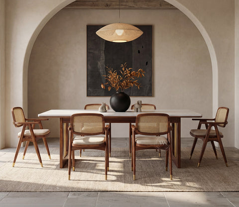 Shriyam Modern 6 Seater Sheesham Wood Dining Set with Mishaan Quartz Top Table and Adira Chair with Cane and Brass Accents (Teak Finish)