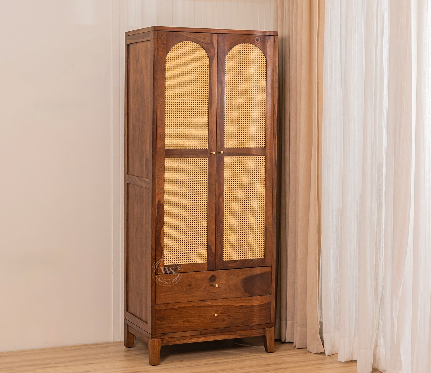Riwayat Sheesham Wood Wardrobe with Cane & Brass Accent (Teak Finish)