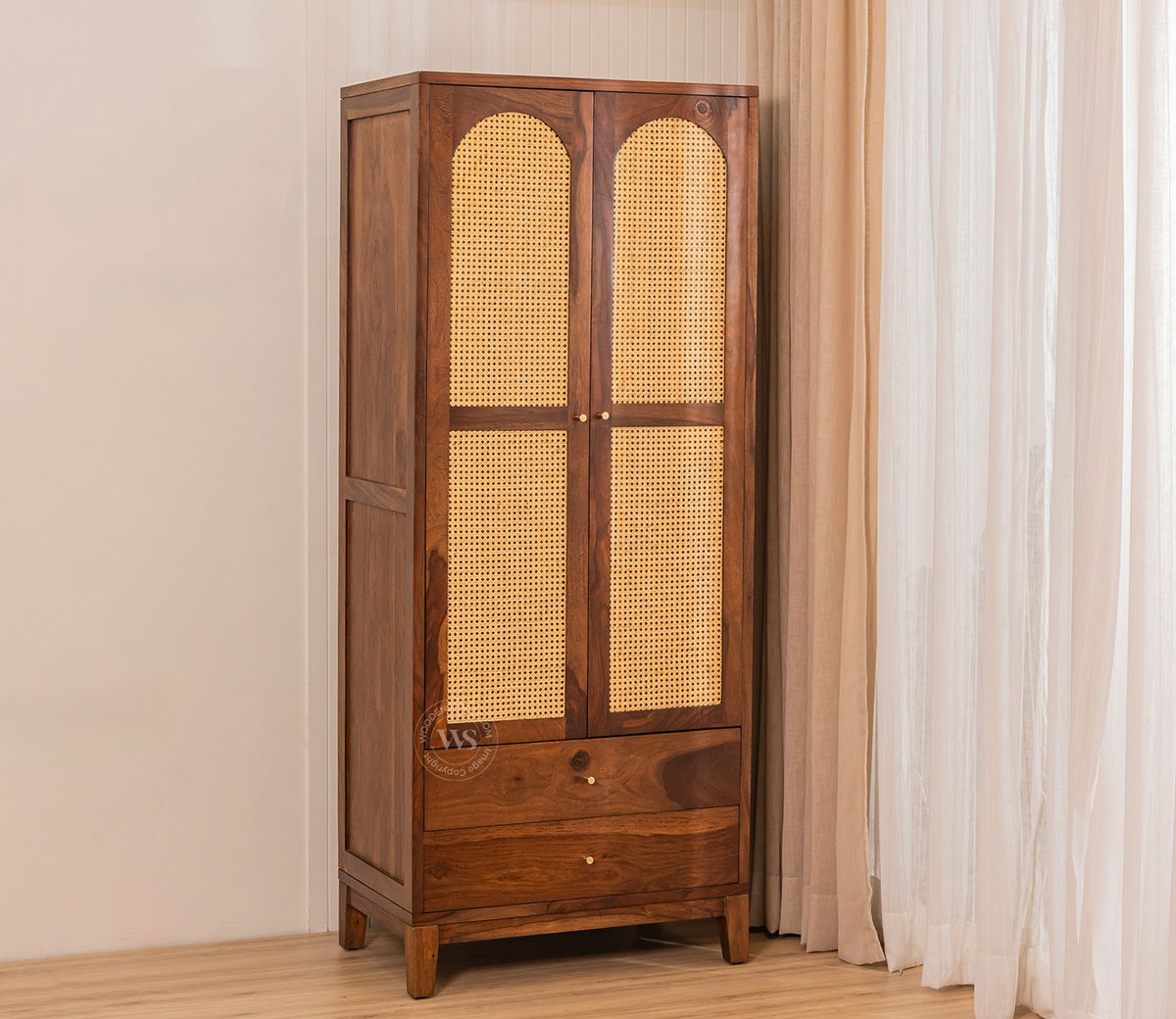 Riwayat Sheesham Wood Wardrobe with Cane & Brass Accent (Teak Finish)