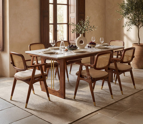 Shriyam Modern 6 Seater Sheesham Wood Dining Set with Mishaan Quartz Top Table and Adira Chair with Cane and Brass Accents (Teak Finish)