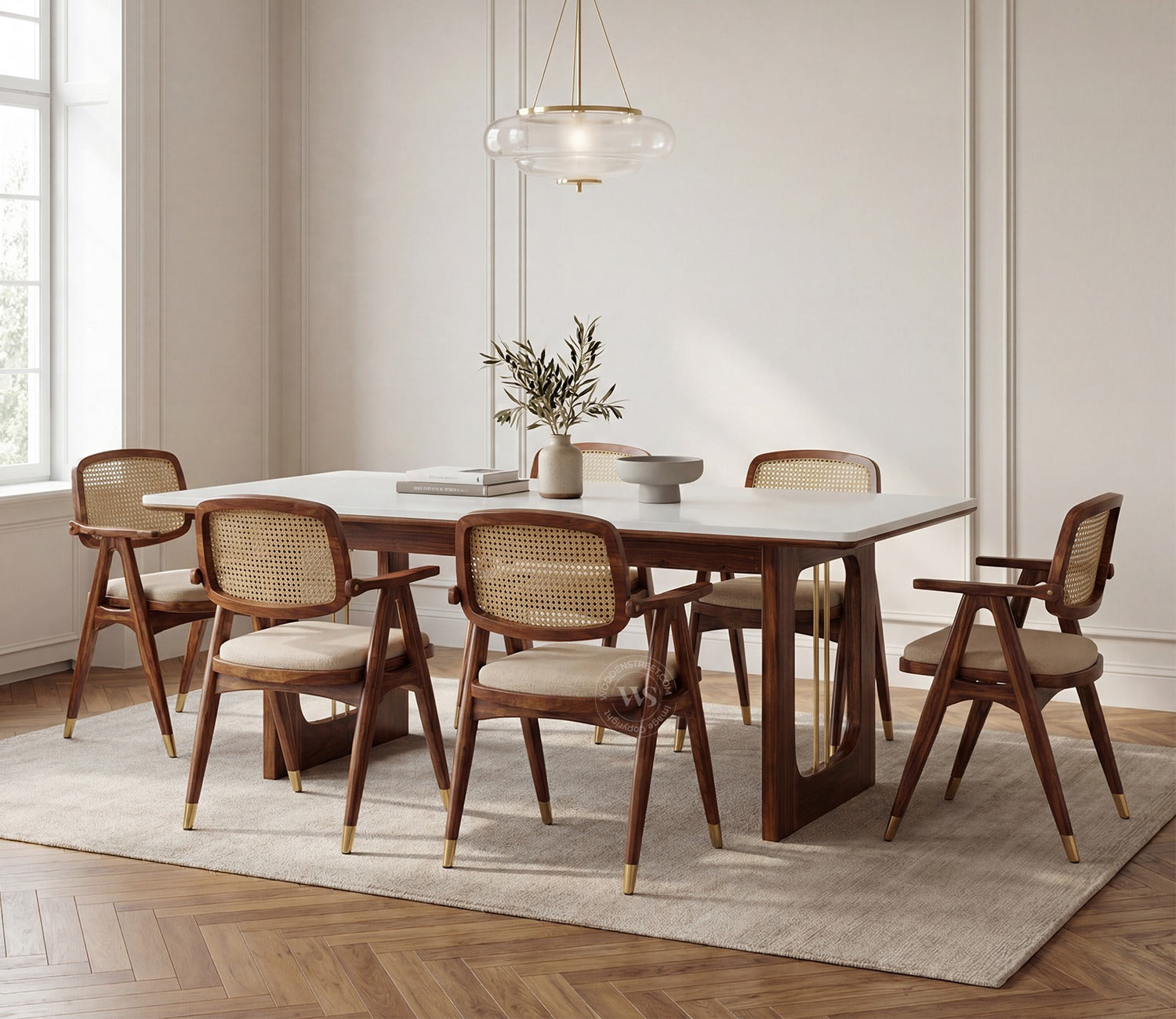 Shriyam Modern 6 Seater Sheesham Wood Dining Set with Mishaan Quartz Top Table and Adira Chair with Cane and Brass Accents (Teak Finish)