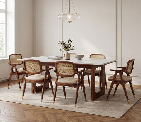 Shriyam Modern 6 Seater Sheesham Wood Dining Set with Mishaan Quartz Top Table and Adira Chair with Cane and Brass Accents (Teak Finish)