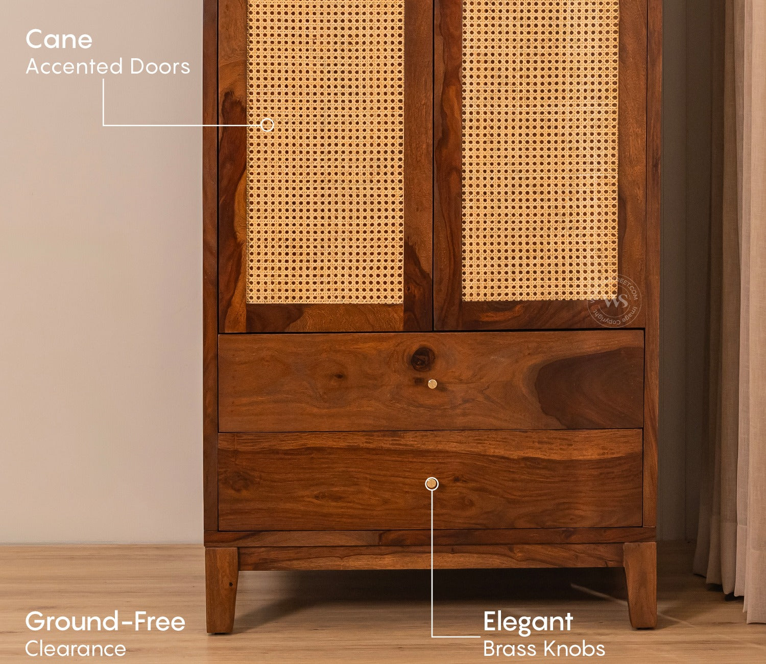 Riwayat Sheesham Wood Wardrobe with Cane & Brass Accent (Teak Finish)