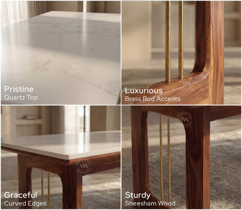 Mishaan Designer 6 Seater Sheesham Wood Dining Table with Quartz Top with Brass Accent (Teak Finish)