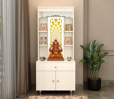 Vidyut Engineered Wood Home Temple With Inbuilt LED Light System (White Finish)