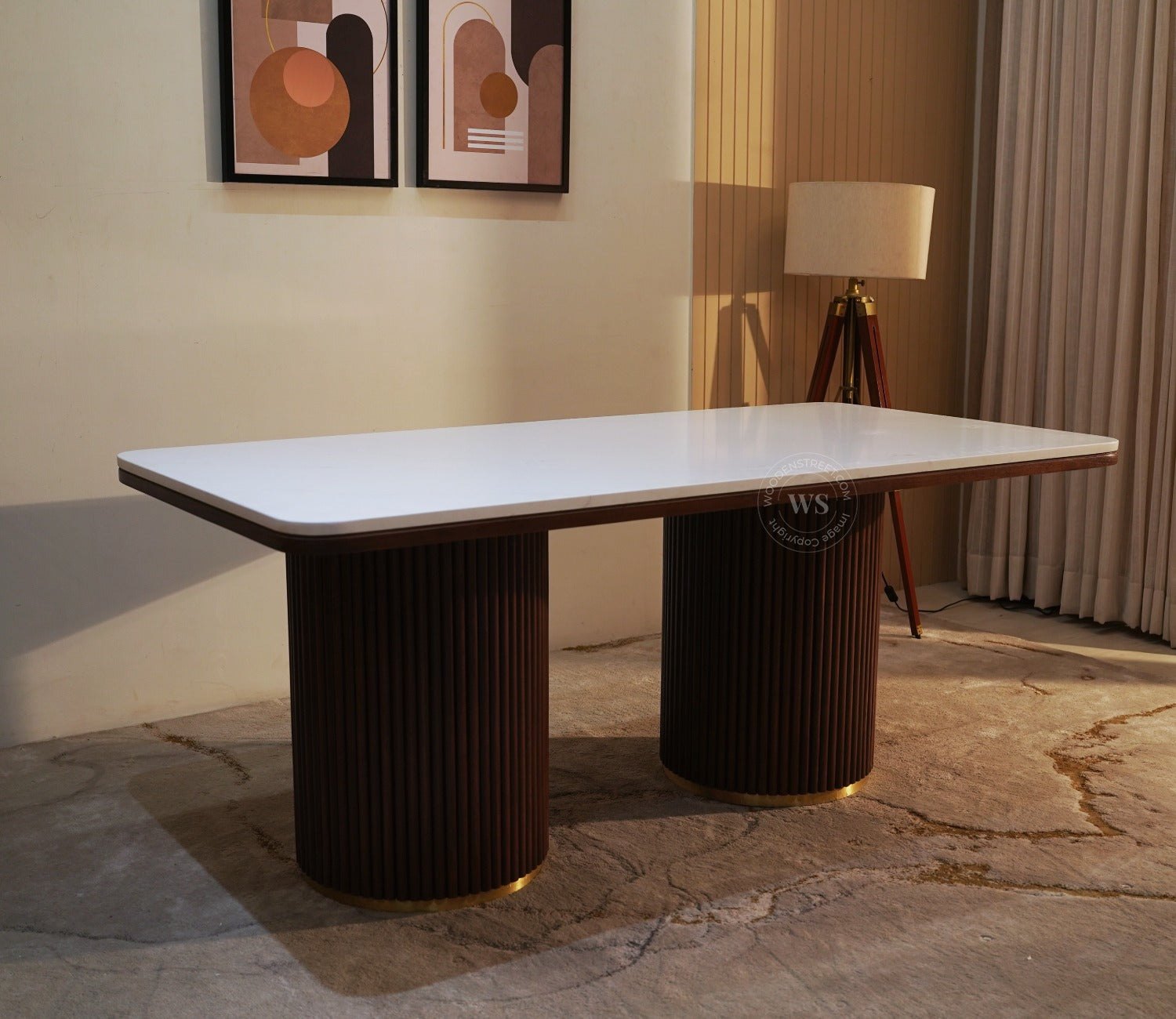 Saumik 6 Seater Sheesham Wood Dining Table with Marble Top (Teak Finish)