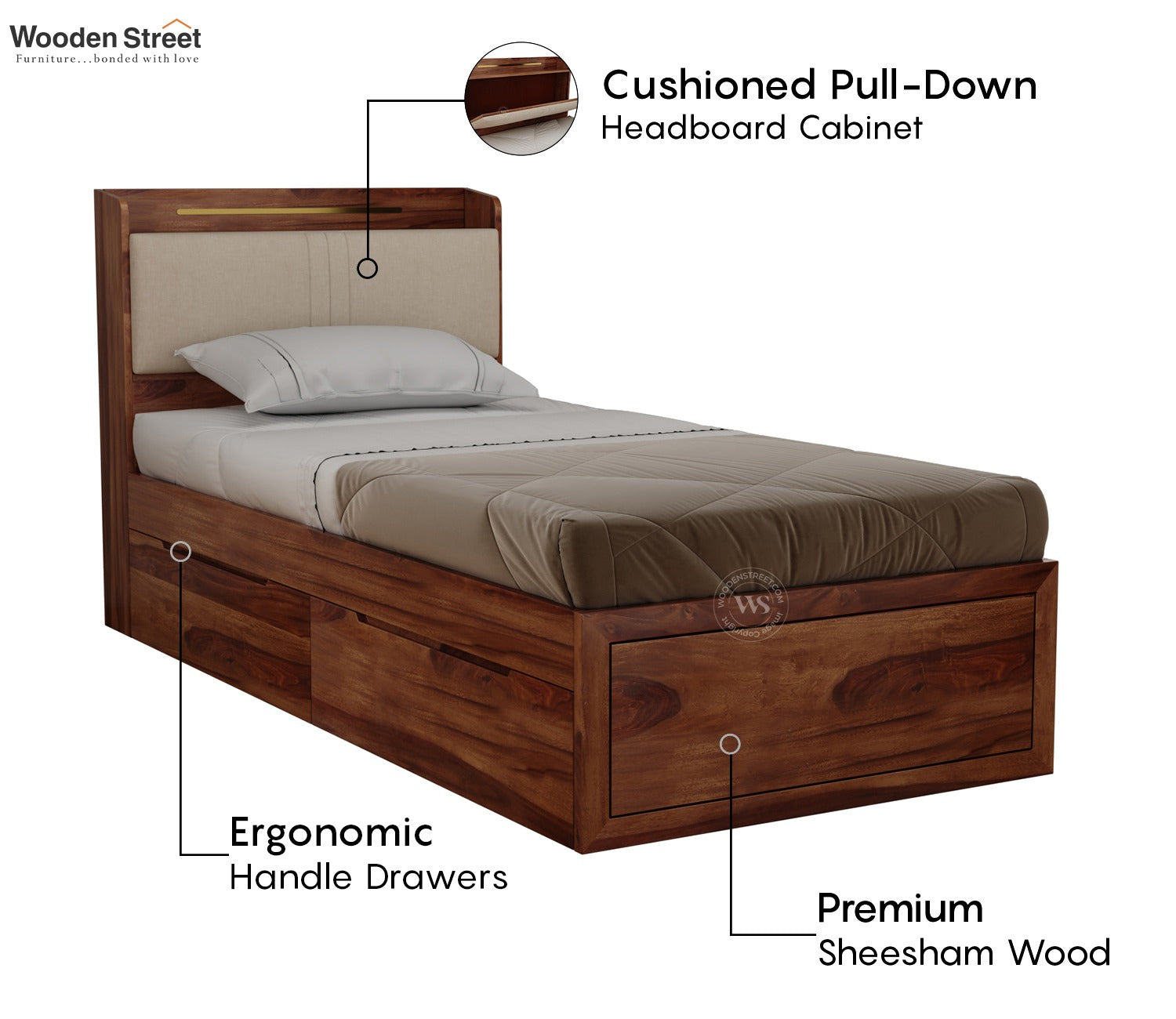 Wildon Premium Sheesham Wood Bed with Cushioned Headboard and Drawer Storage (Single Size, Teak Finish)