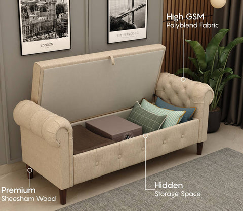 Velo Cushioned Hand Carved Sofa Bench With Hidden Storage (Jade Ivory)