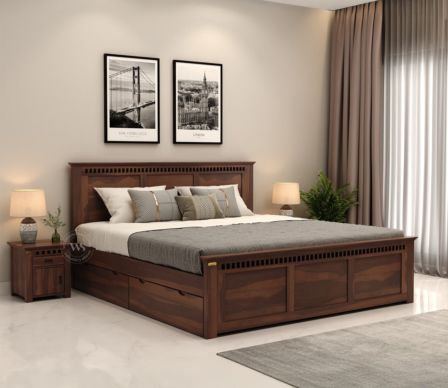 Adolph Sheesham Wood Bed With Side Storage (King Size, Walnut Finish)