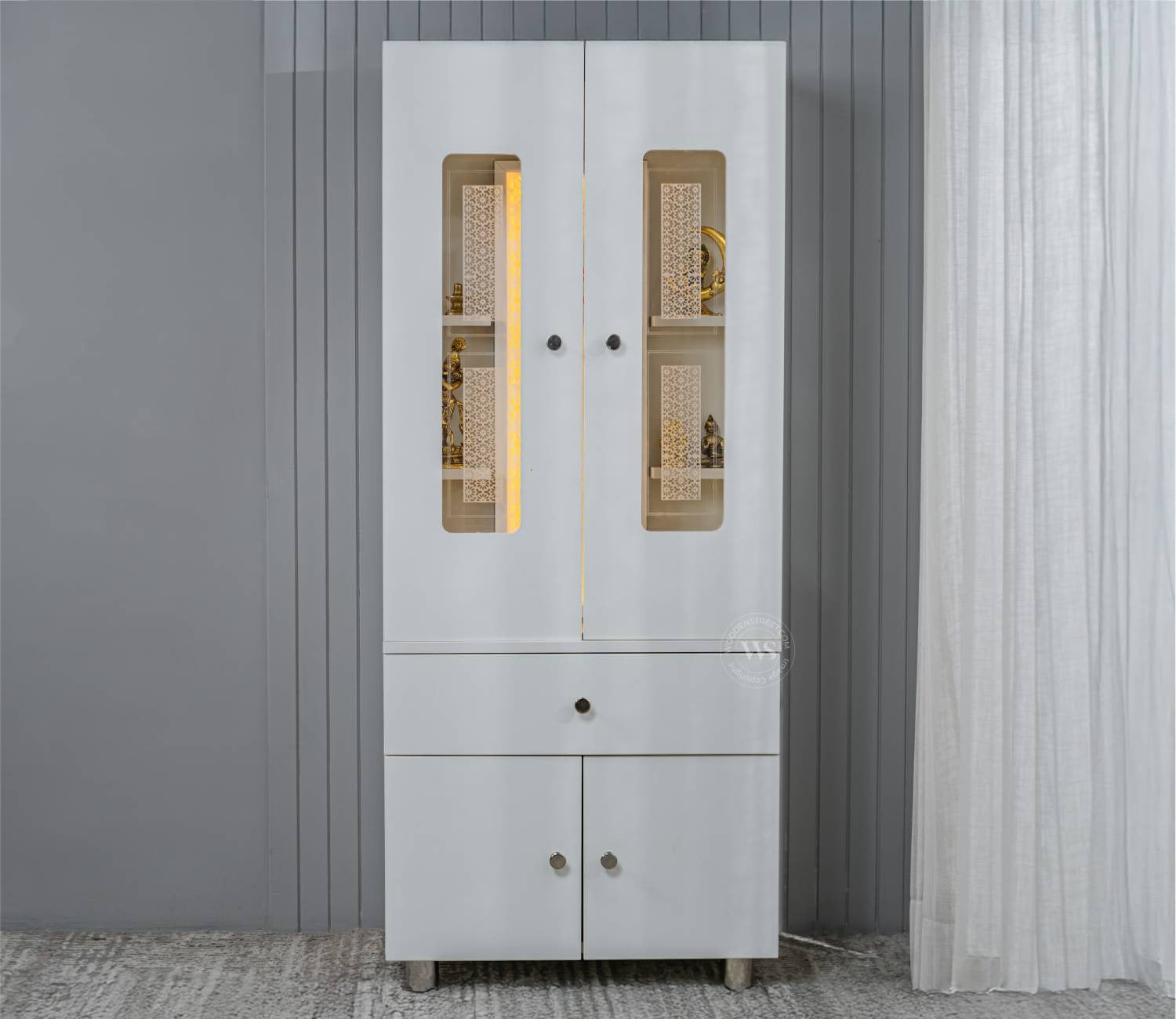 Atharv Engineered Wood Home Temple With Inbuilt LED Light System (White Finish)