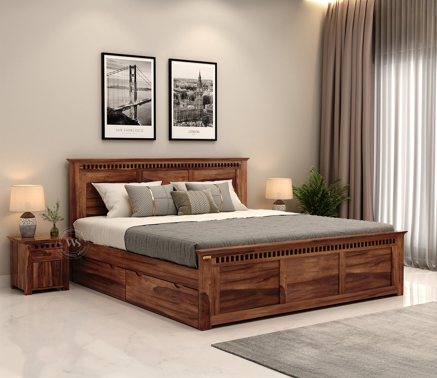 Adolph Sheesham Wood Queen Size Bed With Side Storage (Honey Finish)
