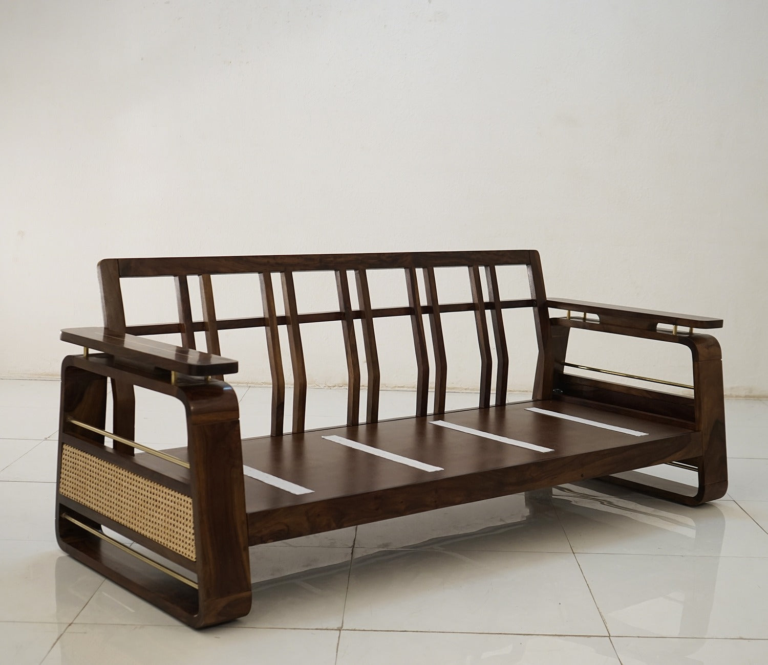 Vedic 3+1+1 Sheesham Wood Sofa Set With Cane and Brass Detailing (Walnut Finish, Jade Ivory)