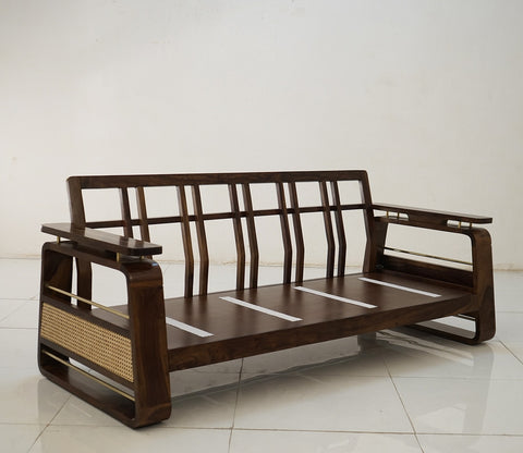 Vedic 3+1+1 Sheesham Wood Sofa Set With Cane and Brass Detailing (Walnut Finish, Jade Ivory)