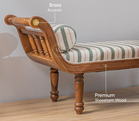 Virasat Sheesham Wood Sofa Bench With Cushioned Seat (Teak Finish, Green Stripes)