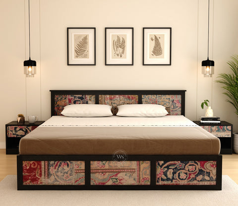 Orren Engineered Wood Bed with Laminated Textured Headboard & Footboard with Box Storage (Queen Size, Patchwork Multi)
