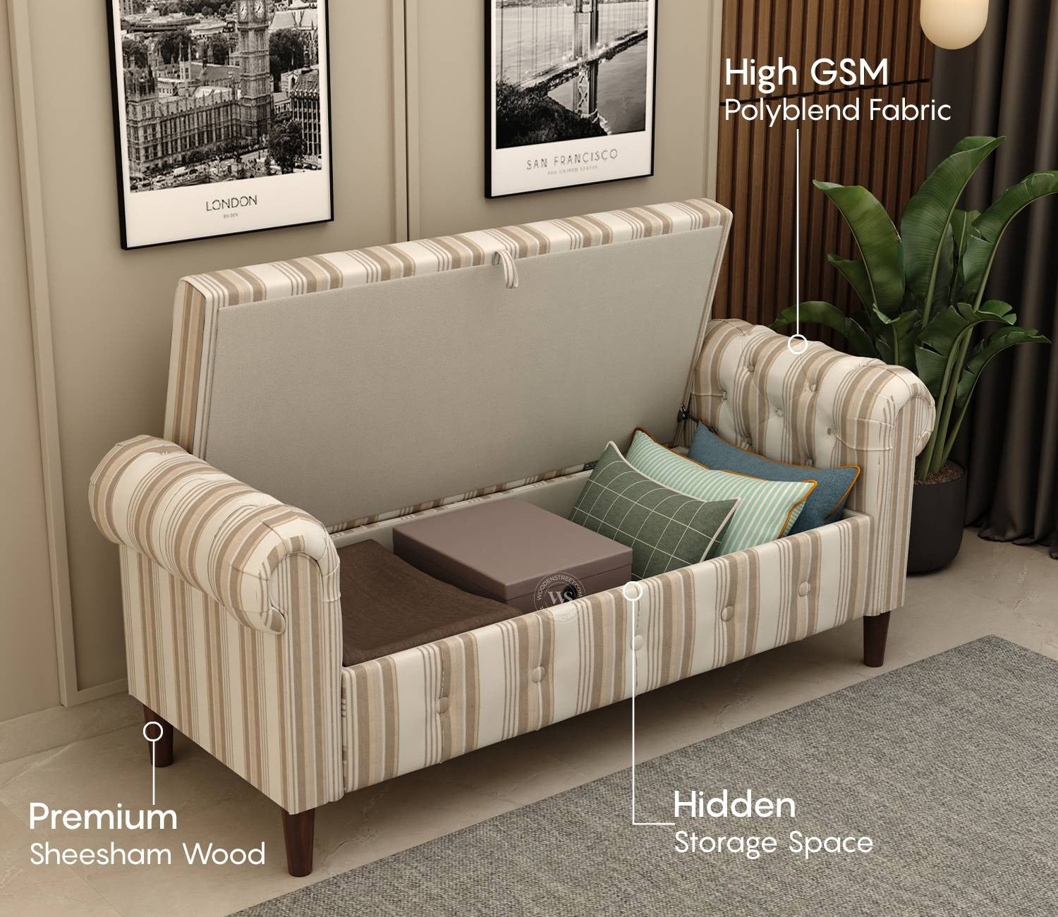 Velo Cushioned Hand Carved Sofa Bench With Hidden Storage (Cream Strip)