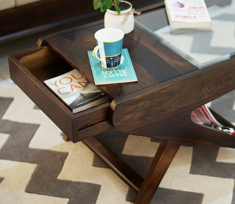 Elena Glass Top Coffee Table (Walnut Finish)