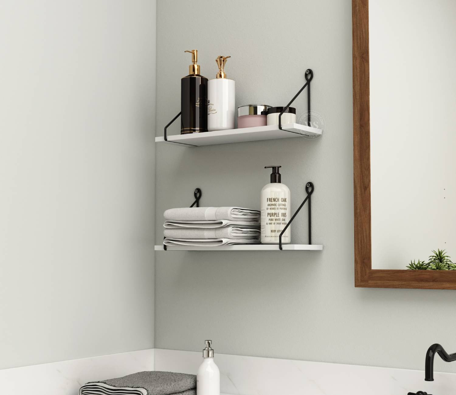 Luna Hanging Wall Shelf, Metallic Black & White Combination Wall Mounted Shelves for Living Room/Bedroom - Set of 2 (Frosty White)